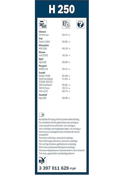 Rear Arka Silecek Honda Hr-V (2015-2020), Suzuki Vitara (2015-2020), Mitsubishi Asx (2015 ve Sonrası), Suzuki Sx4 S-Cross (2013-2022) [250 Mm] H250 3397011629 modelleri