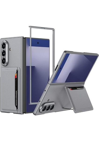 Samsung Galaxy Z Fold 7 Kılıf Silikon Arka Kısım Suni Deri Kartlıklı Kapak Gri