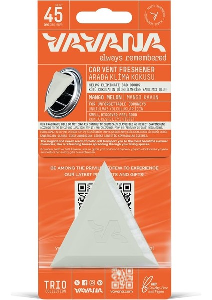 Trio Araba Klima Kokusu - Mango & Kavun Aromalı | Bpa & Sıvı Içermeyen Sağlıklı Oto Kokusu | 45 Gün Etkili | Araç Içi Koku (Mango & Kavun)