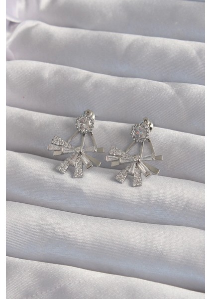 Bfs Pirinç Gümüş Renk Zirkon Taşlı Yassı Fiyonk Model Küpe