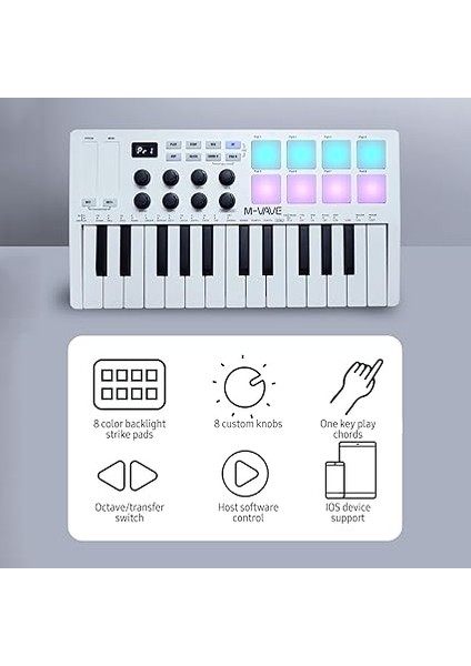 Tuşlu Mıdı Kontrol Klavyesi Mini Taşınabilir USB Klavye Mıdı Kontrol Cihazı, 25 Hıza Duyarlı Tuşlu 8 Rgb Arkadan Aydınlatmalı Pedler 8 Düğme fırsatları
