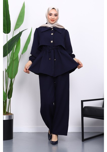 Lacivert Double Krep Tunik Pantolonlu Takım