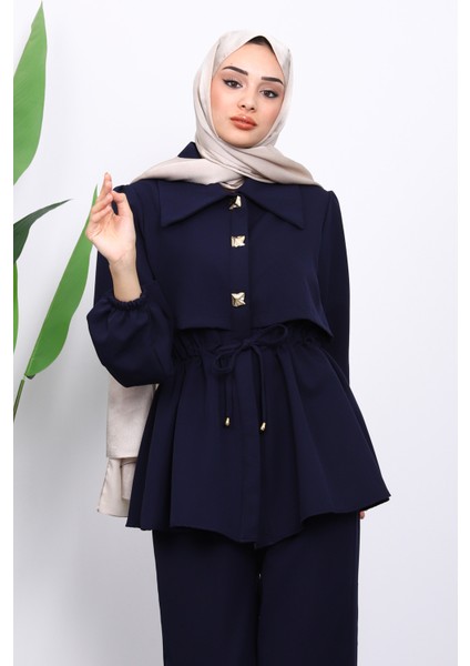 Lacivert Double Krep Tunik Pantolonlu Takım modelleri