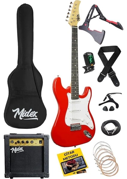 AGE-80RD Amfili Full Elektro Gitar Seti 4/4 Yetişkin 39 Inç Red