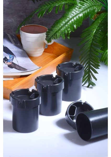 4 Adet Koku Yapmaz Çakmaklık Hazneli Siyah Plastik Küllük Oto Kül Tablası Kül Tabağı