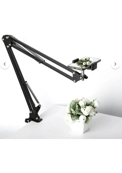 360° Üst Çekim Masaüstü Telefon Tripodu | Ayarlanabilir Süspansiyon Kol, Metal Kaymaz Taban, Evrensel Telefon Tutucu, Siyah