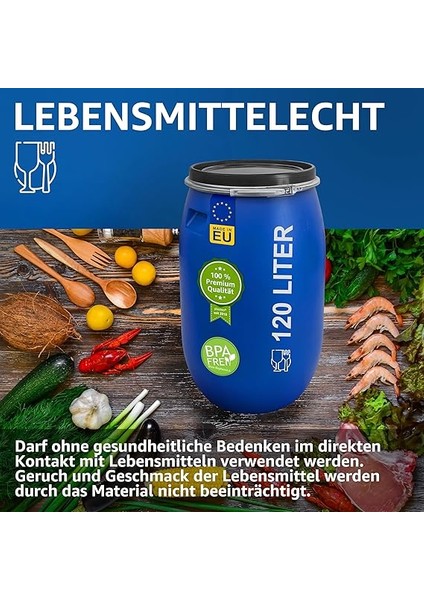 120 Litre Geniş Ağızlı Varil, Kapaklı ve Germe Halkalı, Plastik Varil, Evrensel Fıçı, Kapaklı Varil, Gıda Maddelerine Uygun, Su Varili, Yağmur Varili, Depo Varili, Sağlam Tutma Yeri, Mavi fiyatları