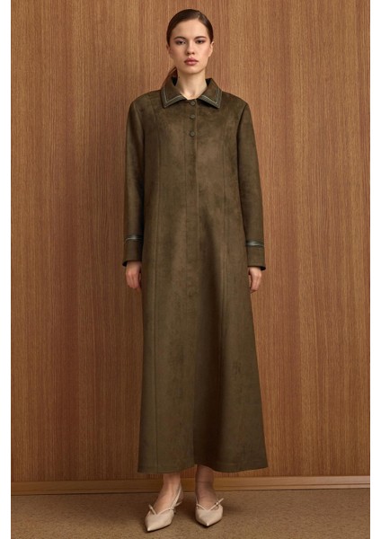 Gömlek Yaka Deri ve Işleme Detaylı Süet Görünümlü Büyük Beden Pardesü K.haki 6798