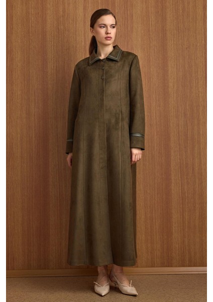 Gömlek Yaka Deri ve Işleme Detaylı Süet Görünümlü Büyük Beden Pardesü K.haki 6798 fiyatları