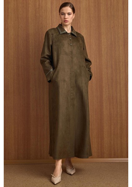 Gömlek Yaka Deri ve Işleme Detaylı Süet Görünümlü Büyük Beden Pardesü K.haki 6798 fırsatları