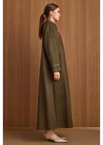 Gömlek Yaka Deri ve Işleme Detaylı Süet Görünümlü Büyük Beden Pardesü K.haki 6798 indirimleri