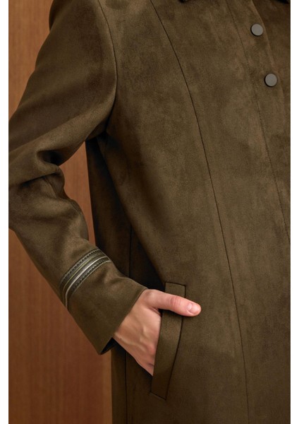 Gömlek Yaka Deri ve Işleme Detaylı Süet Görünümlü Büyük Beden Pardesü K.haki 6798
