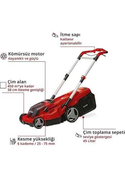 Professional Rasarro 36/38 Power X-Change Akülü Çim Biçme Makinesi (36V, 6 Kademeli Kesme Yüksekliği, Malçlama Fonksiyonu, Kömürsüz Motor, 2x 4,0 Ah) - 3413180 modelleri