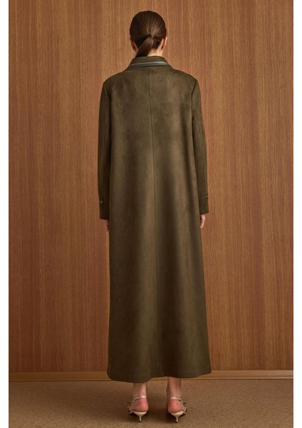 Gömlek Yaka Deri ve Işleme Detaylı Süet Görünümlü Büyük Beden Pardesü K.haki 6798