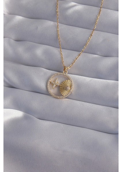 Bfs 316L Çelik Zincir Gold Renk Zirkon Taşlı Yıldız Figürlü Oval Kolye