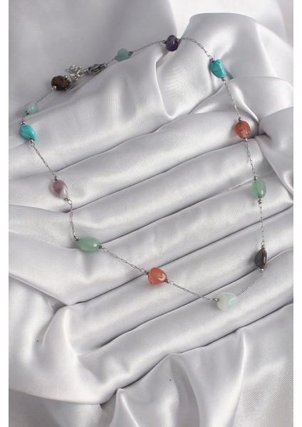 Bfs 316L Çelik Gümüş Renk Zincir Renkli Doğaltaş Model Kadın Kolye fiyatları