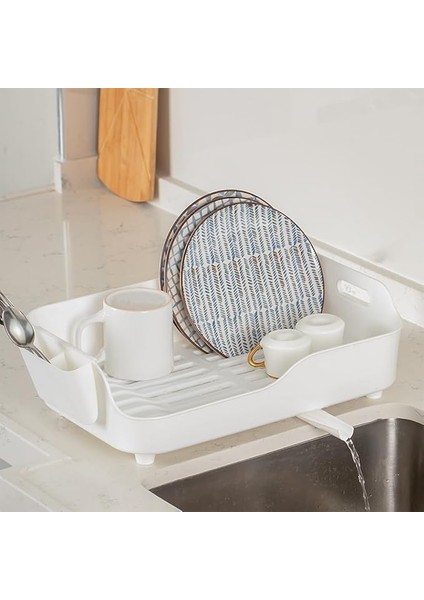 AKL-060 Beyaz Lüks Tabaklık Bulaşıklık-Yönlendirilebilir Su Akıtma Kanallı Bulaşık Sepeti-Kaşıklıklı