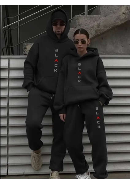 Büyük Beden Özel Tasarım Kapüşonlu Black Baskılı Sevgili Kombini Kışlık Eşofman Takımı.1 Adet Fiyatıdır