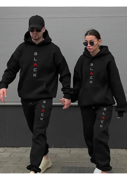 Büyük Beden Özel Tasarım Kapüşonlu Black Baskılı Sevgili Kombini Kışlık Eşofman Takımı.1 Adet Fiyatıdır fiyatları