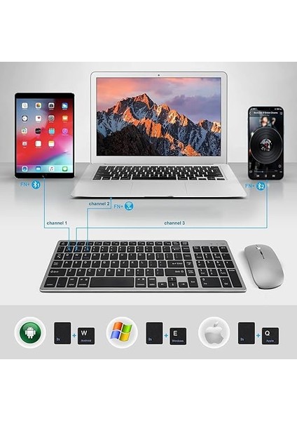 MT15 Mac Uyumlu Kablosuz Multimedya Klavye Mouse Set Q Türkçe 3 Kanal Bluetooth + USB Alıcılı fiyatları