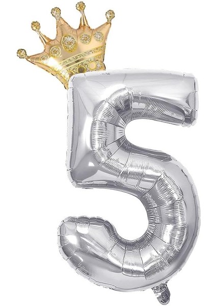 Gitti Gümüş 5 Rakam ve Gold Kral Tacı Folyo Balon Doğum Günü Parti Kutlama Seti