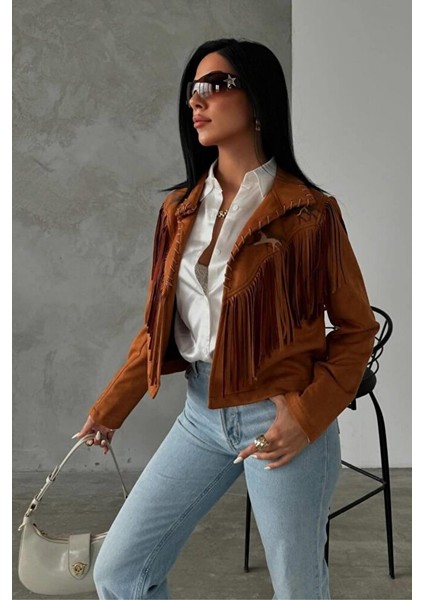 Kadın Western Süet Püsküllü Haki Ceket