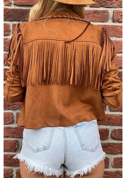 Kadın Western Süet Püsküllü Haki Ceket