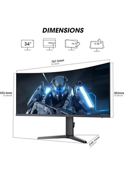 Monitör 34E6UC 34 Inç, 165Hz/, Uwqhd, 3440 * 1440, 1ms, Adaptive Sync, Monitörler, Gaming, Hdmı2.1 * 2, Dp1.4 * 1, Eğilmek,-5~20°/-15~15°, Yukarı ve Aşağı, VESA，HDR400, 75 * 75MM, Siyah fiyatları