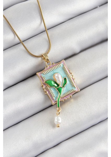 Bfs 316L Çelik Zincir Turkuaz Sanatsal Portre Sallantılı Inci Detaylı Lale Model Gold Renk Kad�