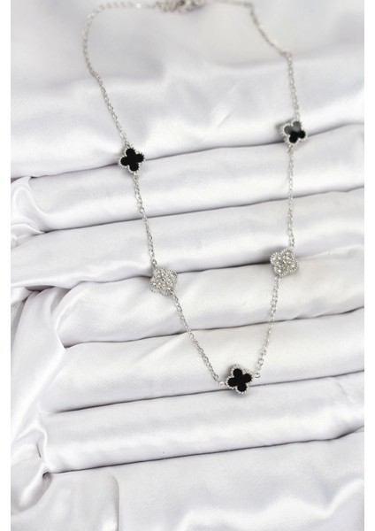 Bfs 316L Çelik Zincir Gümüş Renk Siyah ve Zirkon Taşlı Baby Boy Yonca Kadın Kolye fiyatları