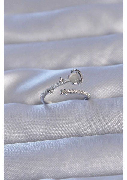 Bfs Pirinç Gümüş Renk Zirkon Taşlı Incili Satürn Model Ayarlanabilir Yüzük