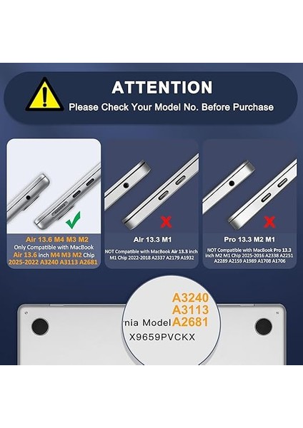 MacBook Air 13.6 Inç Kılıf 2025 2024 2023 2022 M4 M3 M2 Touch Id, MacBook Air Case 13.6 A3240 A3113 A2681 Için Sert Kılıf ile Uyumlu Klavye Kapağı Cilt, Kristal Netliğinde fiyatları