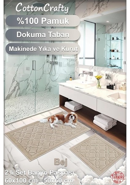 %100 Pamuk Dokuma Su Emici Banyo Paspas Seti, Banyo Halısı Çiçek 2 Li Set 60X100-60X50 (Bej) modelleri