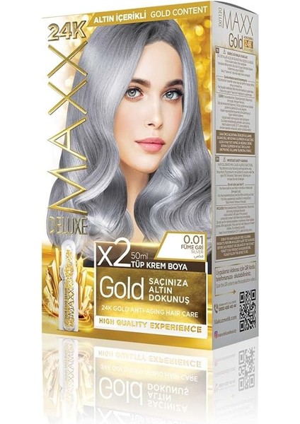 Deluxe Gold Serisi 24K Altın Parçacıklı Serum ile 1 Kutu 2 x 50 ml ve Geliştiriciler Saç Boyası (Füme Gri 0.01)