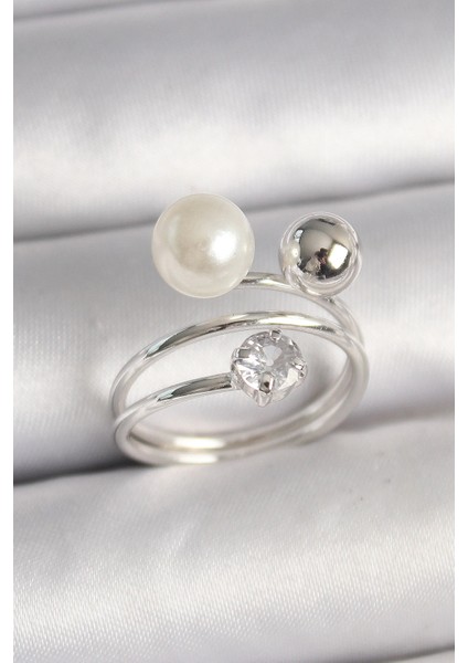 Bfs Pirinç Gümüş Renk Zirkon Taşlı Toplu Inci Model Kadın Yüzük