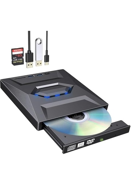 5in1 Harici USB 3.0 ve Type-C Dvd-Rom Dvd-Rw Optik Sürücü, USB ve Type C Kablolu, Pc, Tablet, DVD Player, Çizgili Metal Tasarım Ultra Slim CD Rom Okuyucu CV250