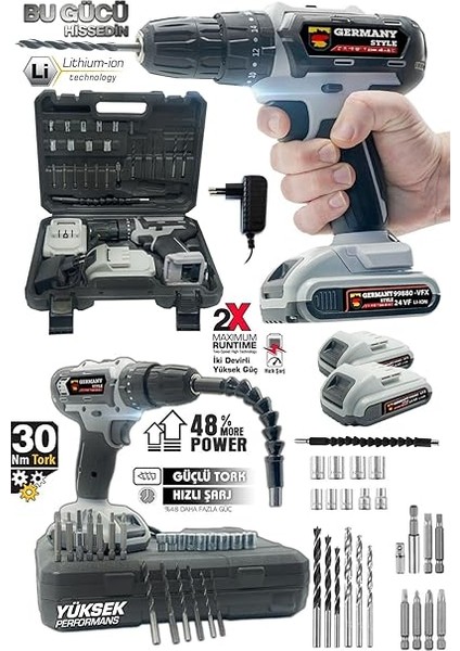Germany Style Alman MS-92VFX Çelik Şanzıman Darbeli 15000 Mah 2 Akülü Vidalama Matkap Şarjlı Matkap fiyatları