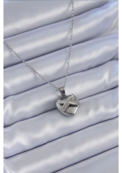 Bfs 316L Çelik Gümüş Renk Zirkon Taşlı Kalp Model Kadın Kolye