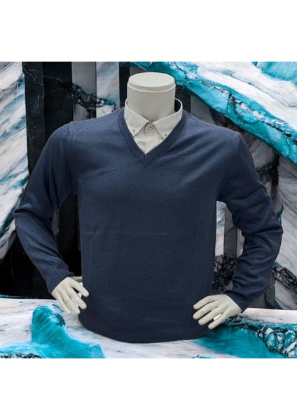 Uzun Kollu Mavi V Yaka Kazak (Unisex)