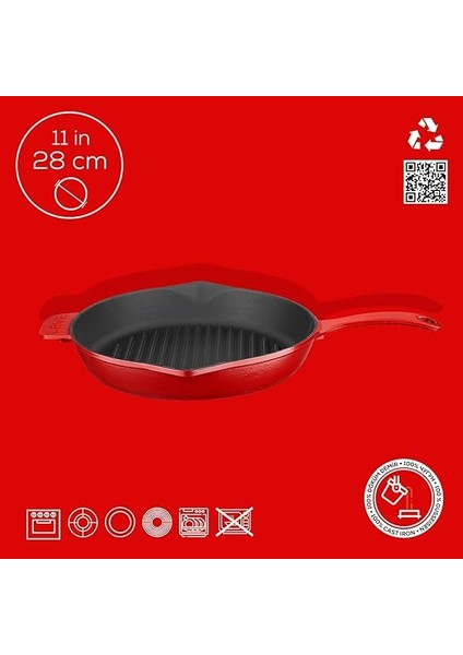 Metal Spring Serisi - Döküm Izgara Tavası, Yuvarlak, 28 Cm, Mat Emaye, Parlak Siyah Taban, Kırmızı indirimleri