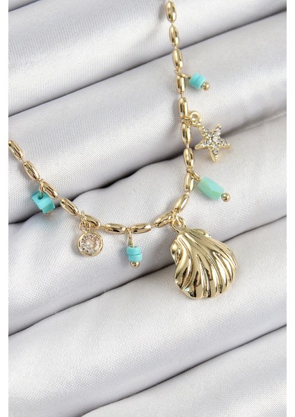 Bfs Pirinç Zirkon Taşlı Deniz Kabuğu Model Gold Renk Kadın Kolye