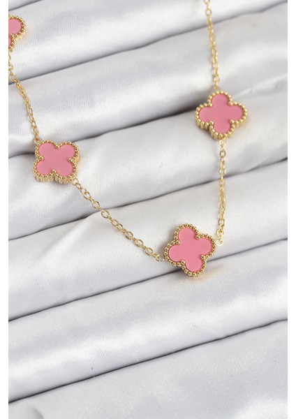 Bfs 316L Çelik Zincir Gold Pembe Renk Yonca Kadın Kolye