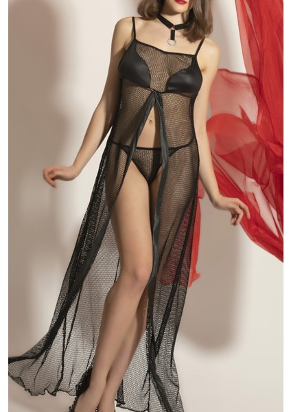 Transparan Fileli Uzun Babydoll Takım,dantel Detaylı Gecelik,tanga,boyunluk 3'lü Set