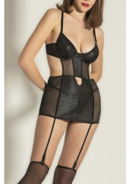 Jartiyerli Deri Görünümlü File Fantazi Gecelik Seti,seksi Gece Için Özel Tasarım