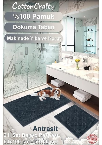 %100 Pamuk Dokuma Su Emici Banyo Paspas Seti, Banyo Halısı Çiçek 2 Li Set 60X100-60X50 (Antrasit) modelleri