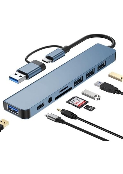 In 1 Usb/type-C To USB A, USB C-Sd ve Micro Sd Macbook Ile Uyumlu Çevirici Adaptör Çok Portlu Çoklayıcı 8in1 USB Hub