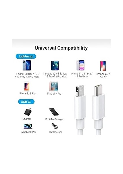 Type-C (Usb-C) To Lightning Şarj Kablosu 20W Data Transfer ve Hızlı Şarj Kablosu 2 Metre Beyaz iPhone 14/13/12/11 Pro Max Mini X/xr/xs/x/8/7/6/6s/se Plus Serileriyle Uyumlu Pd IPHONE modelleri