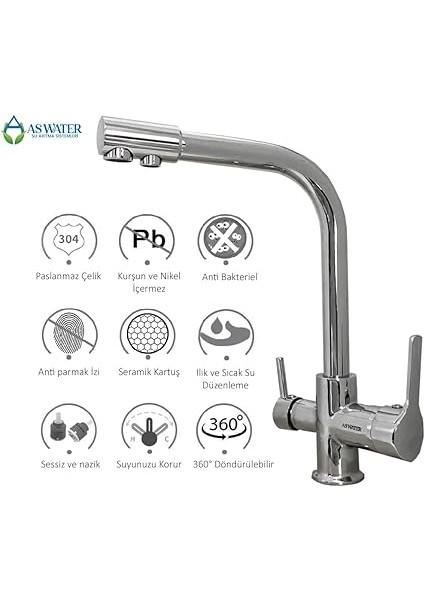 Water Arıtma Bataryası 3 Yollu Musluk Sıcak-Soğuk Mix Arıtma Krom, 41553YK modelleri