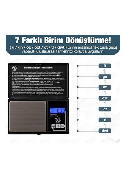 Dijital Cep Tartısı - 500G Kapasite, 0.01G Hassasiyet, 7 Ölçü Birimi, Dara Fonksiyonu, Büyük Ekran, Otomatik Kapanma fırsatları