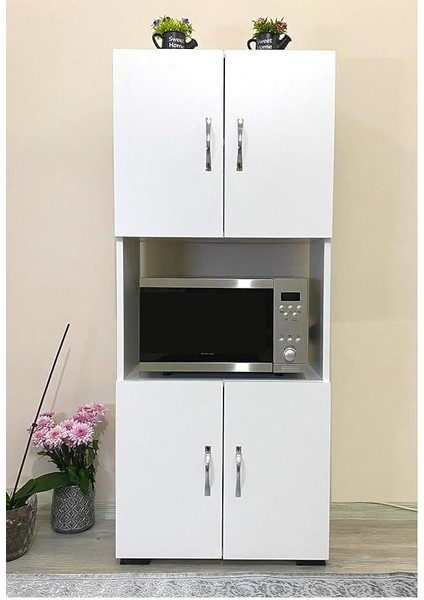 Mobilya 4 Kapaklı Orta Bölmeli Çok Amaçlı Beyaz Mikrodalga Fırın Dolabı, Mini Fırın Mutfak Dolabı